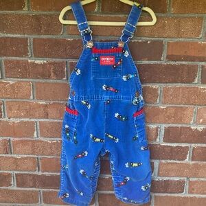 Vintage Oshkosh Race Car Print Blue Corduroy Overalls Size 24 Months USA Made